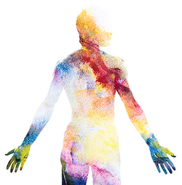 Mensch von hinten mit einem Körper in farbigen Flächen